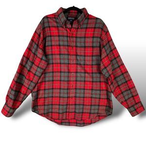 Lands End Men's Flannel Shirt Size Large Gray Red Plaid Cotton Button Down Shirt